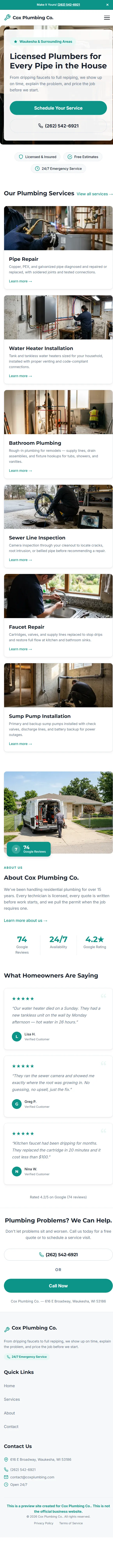 Mobile website scrolling through a plumbing company site